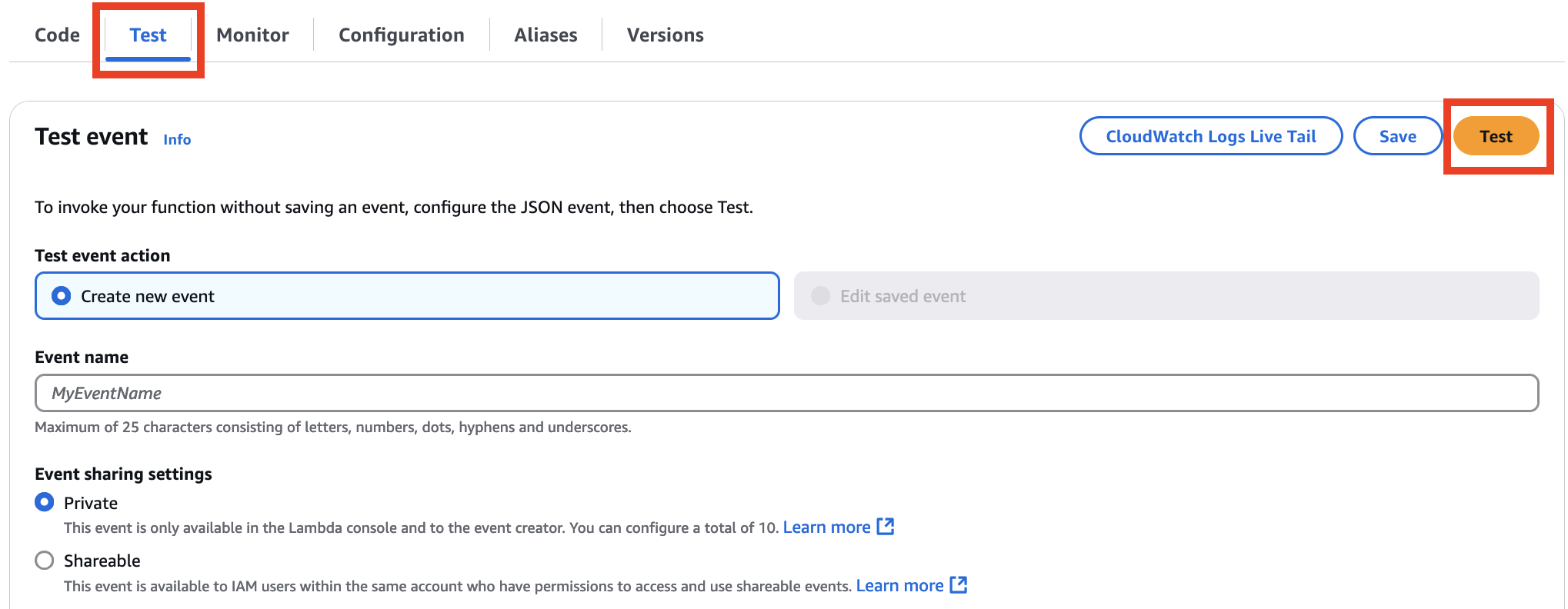 Screenshot of Test tab of Lambda function